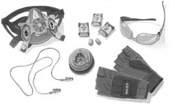 An air tool safety set including safety glasses gloves respirator earplugs and more