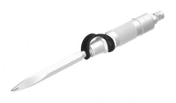 A black chisel retainer attached to a steel chisel that is also compatible with air tools